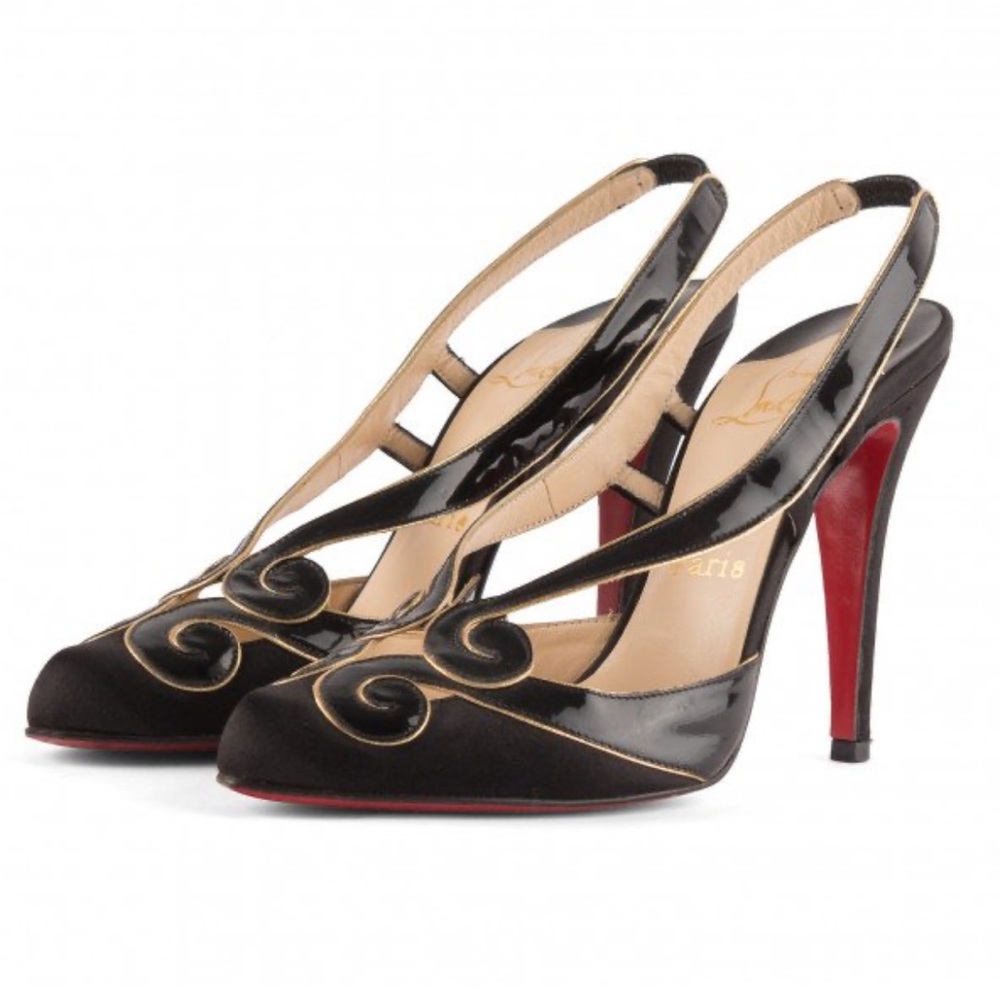 Christian Louboutin Guizine slingback pumps black patent gold trim Sz 39.